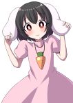  1girl :3 animal_ears arms_up bangs black_hair blush bright_pupils bunny_ears carrot_necklace cowboy_shot dress ear_grab eyebrows_visible_through_hair hair_between_eyes head_tilt high_collar highres inaba_tewi leaning_over pink_dress puffy_short_sleeves puffy_sleeves red_eyes shiny shiny_hair short_hair short_sleeves simple_background solo touhou tsukimirin white_background white_pupils 