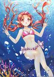  bikini bracelet brown_hair coral dungeon_and_fighter frilled_bikini frills jewelry long_hair mage_(dungeon_and_fighter) navel pointy_ears red_eyes shiny shiny_skin solo swimsuit trianon twintails underwater 