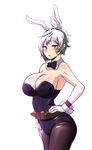  animal_ears armpits bare_shoulders battle_bunny_riven breasts bunny_ears bunny_girl bunny_tail bunnysuit carrot cleavage hand_on_hip highres large_breasts league_of_legends looking_at_viewer open_mouth pantyhose pocari_sweat_(artist) red_eyes riven_(league_of_legends) silver_hair solo tail 