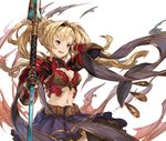  armor belt bikini_armor blonde_hair blue_eyes breasts cleavage cleavage_cutout granblue_fantasy hair_intakes hairband long_hair medium_breasts open_mouth polearm red_armor simple_background skirt smile solo spear taroji twintails weapon white_background zeta_(granblue_fantasy) 