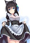 black_hair blue_background blue_eyes breasts cowboy_shot hair_ornament long_sleeves looking_at_viewer maid medium_breasts ponytail puffy_long_sleeves puffy_sleeves ribbon signature skirt skirt_lift smile solo toyozero white_background 