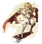  armor armored_boots blonde_hair boots braid cape crown gauntlets green_eyes highres long_hair senkyoushi_gondolf shield solo sword weapon 