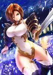  apollonia_vaar aqua_eyes black_armor breasts brown_hair covered_navel granblue_fantasy highres large_breasts leotard parted_lips partially_submerged short_hair solo suzumushi sword thighhighs wading water weapon white_legwear wide_hips 