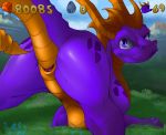  2018 ambiguous_gender anatomically_correct animal_genitalia barefoot bedroom_eyes butt claws cloaca dew_dragon dragon egg feral flower gem grass half-closed_eyes horn looking_back outside plant presenting purple_eyes scales scalie seductive slit spread_legs spreading spyro spyro_the_dragon video_games western_dragon 