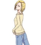  android_18 denim dragon_ball free-da hair_between_eyes hair_over_one_eye jeans looking_at_viewer off_shoulder pants short_hair sketch smile solo sweater white_background 