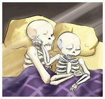  animated_skeleton bed bone lying male male/male papyrus_(undertale) pillow sans_(undertale) skeleton sleeping sunlight undead undertale unknown_artist video_games waking_up 