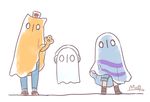  androgynous artist_name burgerpants cosplay frisk_(undertale) ghost ghost_costume hat hato_moa headphones multiple_boys napstablook napstablook_(cosplay) odd_one_out undertale waving 