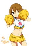  arms_up blush brown_eyes brown_hair cheerleader crop_top crop_top_overhang dated grin hair_down k-on! looking_at_viewer midriff navel official_style one_eye_closed pom_poms ragho_no_erika short_hair signature skirt smile solo tainaka_ritsu 