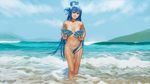  aqua_(konosuba) beach blue_eyes blue_hair cloud covering covering_breasts day dual_wielding fan fine_art_parody folding_fan hair_censor hair_over_crotch hair_rings highres holding justin_leyva_(steamy_tomato) kono_subarashii_sekai_ni_shukufuku_wo! long_hair looking_at_viewer nude ocean outdoors parody sky smile solo very_long_hair wading water 