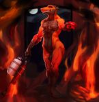  2016 anthro black_balls black_eyes black_scales fire flamethrower flare_gun gun humanoid_penis inside justmegabenewell male moon muscular navel night nude penis ranged_weapon red_scales red_sclera reptile scales scalie sharp_teeth sky slit_pupils solo teeth weapon 