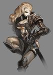  ann_matsuyuki armor armored_boots blonde_hair boots breasts cleavage collarbone cowter earrings grey_background hair_over_one_eye huge_breasts jewelry long_hair looking_to_the_side navel sheath sheathed shoulder_armor simple_background smile solo spaulders sword thighhighs weapon 