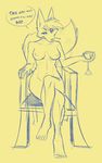  2015 anthro breasts canine cigarette crossed_legs dialogue english_text feet female fox mammal monochrome navel nipples nude sitting sketch smoking solo text valtik yellow_theme 
