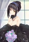  bare_shoulders black_bow black_dress black_gloves black_hair blush bouquet bow breasts cleavage clock_eyes collarbone cross curtains date_a_live dress elbow_gloves flower gloves hairband heterochromia holding holding_bouquet holding_flower indoors jewelry large_breasts lolita_fashion lolita_hairband long_hair looking_at_viewer necklace purple_flower purple_rose red_eyes rose signature smile solo symbol-shaped_pupils tokisaki_kurumi toyozero upper_body window yellow_eyes 