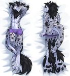  2016 anthro athletic black_fur black_hair black_pawpads blue_eyes butt claws clothed clothing dakimakura_design ear_piercing fur grey_fur hair hi_res long_hair looking_at_viewer looking_back male navel ozoneserpent pawpads piercing presenting presenting_hindquarters raised_arm rear_view sergal sharp_teeth shorts smile solo spots tail_tuft teeth toe_claws topless tuft undressing white_claws 
