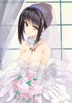  bare_shoulders black_hair bouquet breasts cleavage collarbone curtains date_a_live dress elbow_gloves flower gloves heterochromia holding holding_bouquet holding_flower large_breasts long_hair looking_at_viewer pink_flower pink_rose red_eyes rose signature smile solo tokisaki_kurumi toyozero upper_body veil wedding_dress white_gloves window yellow_eyes 