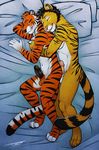  2016 animal_genitalia animal_penis anthro balls bed bed_sheet bedding biceps black_fur black_hair boompuma cat cougar duo erection feline fur hair male male/male mammal muscular nude orange_fur pecs penis pillow smile stripes tiger tsaiwolf white_fur 