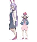  alternate_costume animal_ears backpack bag bangs bespectacled blue_dress blue_jacket blush_stickers breasts brown_hair bunny_ears bunny_tail dress glasses grin hair_between_eyes heiya inaba_tewi jacket legs long_hair looking_at_viewer medium_breasts multiple_girls pink_dress purple_hair red_footwear reisen_udongein_inaba semi-rimless_eyewear shiny shiny_hair shoes short_hair sidelocks simple_background skull_cap smile socks standing suitcase tail touhou under-rim_eyewear very_long_hair walking white_background white_jacket white_legwear 