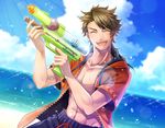  all_male beach brown_hair clouds fang holiday-jin male mutsu-no-kami_yoshiyuki navel open_shirt sky summer swimsuit touken_ranbu waifu2x water 