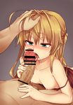  1girl bar_censor blonde_hair blush breasts censored fellatio green_eyes hair_intakes hand_on_another's_head hetero long_hair misery_(victor) nipples oral original penis saliva small_breasts solo_focus tongue tongue_out victor_(tama_e_akira) 
