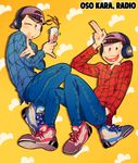  backwards_hat bad_id bad_pixiv_id baseball_cap blue_eyes brothers brown_hair character_name cup denim drinking_glass floating hand_in_pocket hat heart heart_in_mouth highres jeans long_sleeves male_focus matsuno_karamatsu matsuno_osomatsu multiple_boys o2_(o2mm) one_eye_closed osomatsu-kun osomatsu-san pants patterned_background red_eyes salute shoes siblings simple_background sneakers two-finger_salute wine_glass yellow_background 