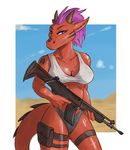  2015 anthro breasts cleavage clothed clothing desert dragon female gun hair horn looking_at_viewer nipple_bulge purple_eyes purple_hair ranged_weapon red_scales red_skin rifle scales skimpy solo valtik weapon 
