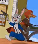  2016 action_pose anthro barefoot bioshock bioshock_infinite booker_dewitt buckteeth canine choker clothing corset crossover dipstick_tail disney elizabeth_(bioshock_infinite) firefoxproject flower fox gloves_(marking) green_eyes gun handgun happy judy_hopps lagomorph looking_back mammal markings multicolored_tail nick_wilde outside pistol plant purple_eyes rabbit ranged_weapon revolver teeth weapon zootopia 