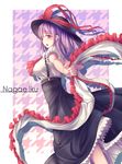  bad_id bad_pixiv_id border bow breasts character_name frilled_ribbon frills from_side hat hat_bow hat_ribbon high-waist_skirt highres holding large_breasts maru_daizu_(aqua6233) meme_attire nagae_iku outstretched_arms patterned_background profile purple_background purple_eyes purple_hair ribbon short_sleeves skirt solo suspender_skirt suspenders touhou upper_body virgin_killer_outfit white_border 