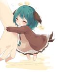  ^_^ animal_ears barefoot closed_eyes commentary_request dog_ears dog_tail floppy_ears kasodani_kyouko long_sleeves minigirl open_mouth short_hair solo tail tail_wagging touhou uguisu_mochi_(ykss35) 