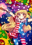  american_flag_dress american_flag_legwear bangs blonde_hair blush clownpiece collar fairy_wings fire frilled_shirt_collar frills grin hat iroyopon jester_cap long_hair looking_at_viewer nail_polish neck_ruff pantyhose polka_dot red_eyes shirt smile solo standing star striped teeth torch touhou very_long_hair wings 