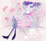  ;d bad_id bad_tumblr_id black_hair blush_stickers croissant cup doughnut extra_eyes fangs food hair_ribbon high_heels holding holding_cup insect_girl irima_(doron) muffet muffet's_pet muffin multiple_arms one_eye_closed open_mouth pantyhose puffy_short_sleeves puffy_sleeves purple_eyes purple_skin ribbon short_sleeves short_twintails silk sitting smile solo spider_girl spider_web twintails two_side_up undertale 