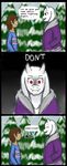  ? anthro boss_monster caprine clothed clothing comic eyes_closed female fur goat hair hoodie horn human mammal protagonist_(undertale) red_eyes samiieus striped_shirt switchtale text toriel undertale video_games white_fur 