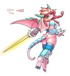  anthro armor breasts butt clothed clothing dragon female from_behind_position hair horn japanese_text looking_at_viewer melee_weapon membranous_wings pigtails rapier scalie sex simple_background skimpy solo sword text weapon wings 