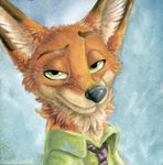  2016 anthro bust_portrait canine clothed clothing disney fox fur green_eyes grin looking_at_viewer low_res male mammal nick_wilde orange_fur portrait ruaidri solo zootopia 