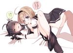  ahoge ass bad_id bad_twitter_id black_gloves black_legwear blush cis_(carcharias) dripping frown gloves hatsuzuki_(kantai_collection) holding_hand kantai_collection knees_up multiple_girls panties panties_around_one_leg pantyhose pantyhose_around_one_leg saliva saliva_trail simple_background single_thighhigh teruzuki_(kantai_collection) thighhighs tongue tongue_out translated underwear white_background white_gloves white_legwear yuri 