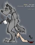  2007 anthro beverage black_eyes black_fur black_nose blood canine chain claws coffee decapitation dripping english_text eyebrows food fur grey_background half-closed_eyes looking_at_viewer mammal nails simple_background text traditional_media_(artwork) watermark white_sclera wolf wolfy-nail 
