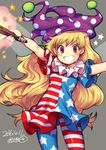  2016 american_flag_dress american_flag_legwear bangs blonde_hair blush clownpiece collar dated fairy_wings fire frilled_shirt_collar frills grin hat iroyopon jester_cap long_hair looking_at_viewer nail_polish neck_ruff pantyhose polka_dot red_eyes shirt simple_background smile solo standing star striped teeth torch touhou very_long_hair wings 