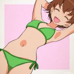  1girl :d akagi_(fmttps) arms_behind_head arms_up bangs bikini brown_hair commentary_request eyebrows_visible_through_hair eyes_closed freckles girls_und_panzer green_bikini navel open_mouth outside_border purple_background short_hair side-tie_bikini smile solo swimsuit tsuchiya_(girls_und_panzer) twitter_username 