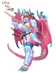  anthro armor big_breasts breasts clothed clothing dragon female hair horn huge_breasts japanese_text long_hair longsword looking_at_viewer membranous_wings scalie simple_background skimpy solo text wings 