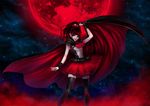  arm_at_side babymetal bangs black_legwear blunt_bangs cape closed_mouth frills full_moon glint hair_ornament hair_scrunchie high_ponytail hood hood_down kunishige_keiichi legs_apart lens_flare light_particles long_hair looking_at_viewer moon nakamoto_suzuka night night_sky red_eyes red_hair red_lips red_moon red_skirt scale_armor scrunchie skirt sky sleeveless solo standing star_(sky) thighhighs wristband zettai_ryouiki 