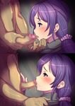  1girl blush censored clothed_female_nude_male fellatio green_eyes highres long_hair looking_at_another love_live!_school_idol_project mosaic_censoring oral penis purple_hair raised_eyebrows saliva sequential simple_background solo_focus standing sweat toujou_nozomi tsujizen turtleneck twintails 