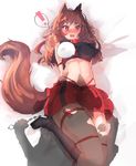  1girl :d anal_beads animal_ears bdsm blush bondage boots bound breasts brown_hair collar ehrrr fang high_heels highres imaizumi_kagerou inubashiri_momiji knee_boots large_breasts long_hair lying midriff miniskirt navel ominous_shadow on_back open_mouth red_eyes shibari silhouette skirt smile solo spoken_exclamation_mark sweat tail touhou wolf_ears wolf_tail you_gonna_get_raped 