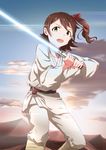  belt brown_hair cloud cosplay desert energy_sword highres idolmaster idolmaster_million_live! jedi kasuga_mirai lightsaber looking_to_the_side luke_skywalker luke_skywalker_(cosplay) one_side_up open_mouth shuuto_(shu-toritu) side_ponytail sky stance star_wars sword weapon 