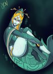  1girl ass barefoot big_breasts big_butt blue_skin breasts butt clothed clothing feet female fetal_position humanoid jewelry looking_at_viewer midna midna_(true) nintendo orange_hair red_eyes simple_background smile solo solo_focus the_legend_of_zelda the_legend_of_zelda:_twilight_princess toes twili twilight_princess urw video_games 