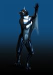  2015 anthro black_fur black_nose blue_eyes canine clothing dog featureless_crotch fur latex_(artist) male mammal markings nude paws rubber simple_background solo tight_clothing tongue transformation white_fur wolf yamatookami 