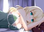  alternate_costume atago_(kantai_collection) babydoll bangs bed blonde_hair blue_eyes breasts closed_mouth commentary curtains eyebrows eyebrows_visible_through_hair indoors kantai_collection large_breasts lens_flare long_hair looking_at_viewer lying morning on_bed on_side pan-pa-ka-paaan! pillow rocha_(aloha_ro_cha) shade smile solo upper_body 