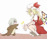  :d animal_costume animal_slippers blonde_hair blue_eyes dog_costume dog_slippers flandre_scarlet happy hat izayoi_sakuya mob_cap multiple_girls open_mouth puffy_short_sleeves puffy_sleeves red_eyes shirt short_sleeves silver_hair skirt skirt_set smile squatting touhou vest wings wrist_cuffs younger yuuta_(monochrome) 