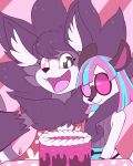  anthro cake caprine cat clothing cute_fangs dr._neon duo eyewear fangs feline female floraverse food goat goggles hair happy heterochromia hi_res hybrid inner_ear_fluff lily_(floraverse) looking_at_viewer mammal neon_(floraverse) open_mouth pantherine purple_theme shikaro tiger 