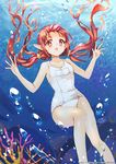  bracelet brown_hair coral dungeon_and_fighter jewelry long_hair mage_(dungeon_and_fighter) navel one-piece_swimsuit pointy_ears red_eyes school_swimsuit shiny shiny_skin solo swimsuit trianon twintails underwater white_school_swimsuit white_swimsuit 