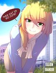  absurdres animal_pov blonde_hair blush character_name ellen_baker english green_eyes highres long_hair looking_at_viewer low_ponytail nas_(z666ful) new_horizon pov scrunchie smile solo speech_bubble 