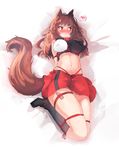  animal_ears bdsm blush bondage boots bound breasts brown_hair collar ehrrr heart high_heel_boots high_heels highres imaizumi_kagerou knee_boots large_breasts long_hair lying midriff miniskirt navel on_back red_eyes shibari skirt solo spoken_heart tail touhou vibrator wolf_ears wolf_tail 